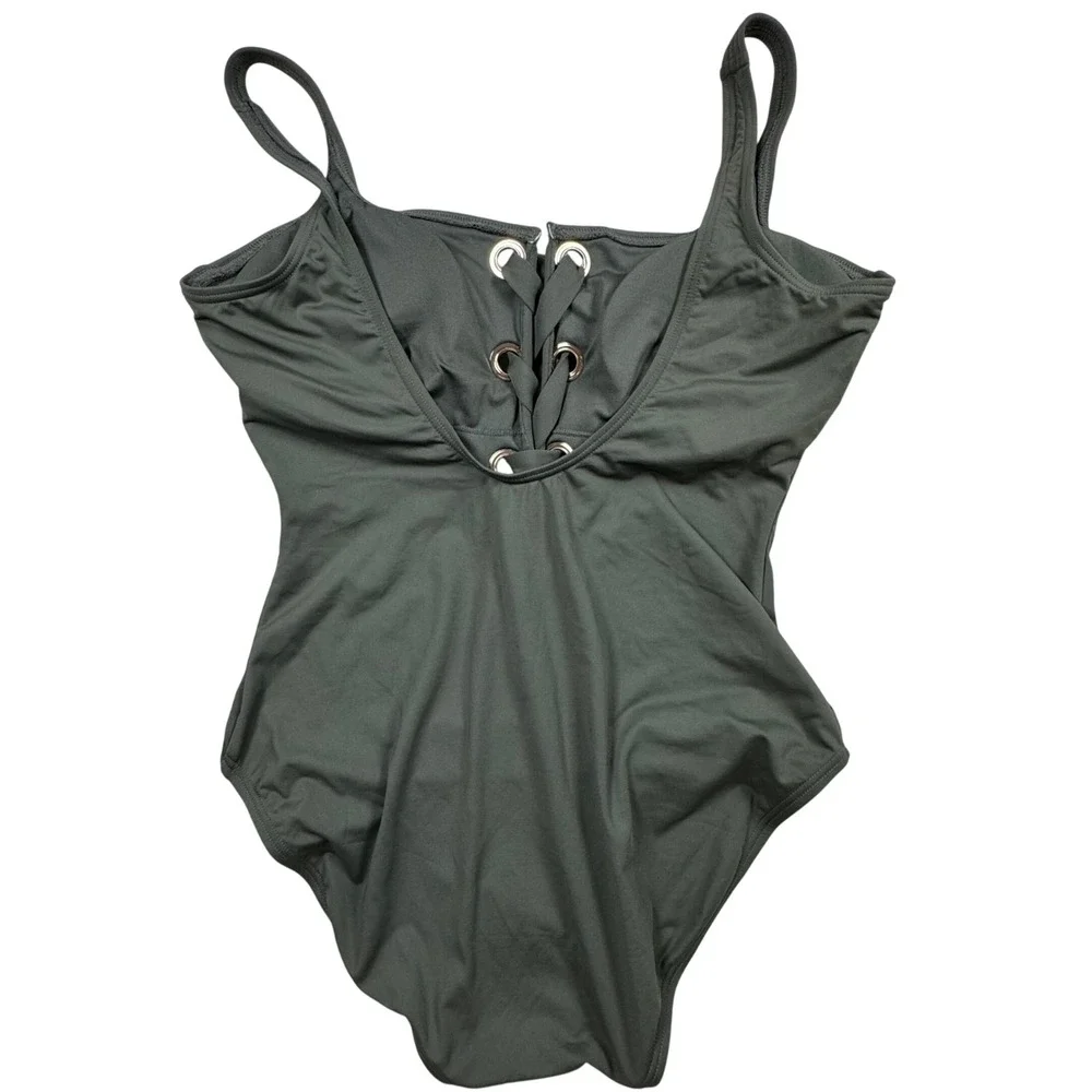 Michael Kors One Piece Swimsuit Women 14 Olive Green Lace Up Grommet - Picture 5 of 6